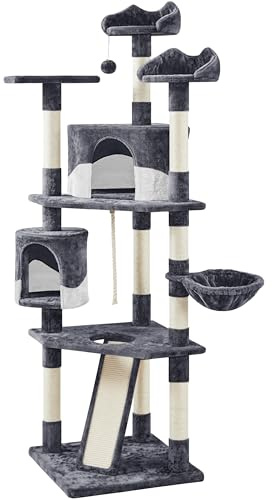 Yaheetech Torre para gatos de varios niveles de 79 pulgadas con postes rascadores cubiertos de sisal, perchas de felpa y condominio para gatitos, gatos y mascotas, gris oscuro y blanco