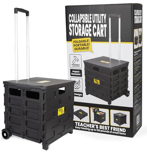 dbest products Quik Cart Pro Wheeled Rolling Crate Teacher Utility with seat Heavy Duty Collapsible Basket with Handle, Aluminum, Black