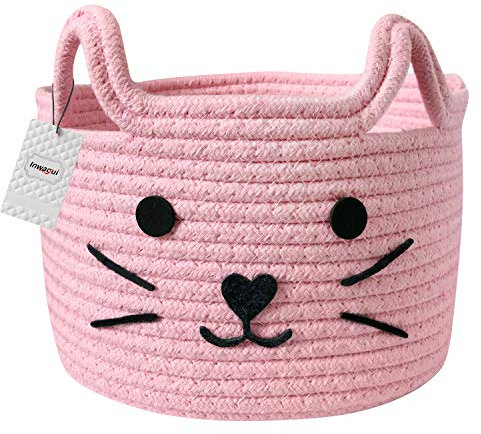 Inwagui Faltbare Aufbewahrungskorb Baumwollseil Baby Aufbewahrungsbox Kleine Deko Korb mit Griff für Kinderzimmer Spielzeug,Wohnzimmer, Büro - Katze Rosa
