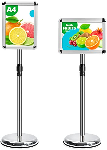 VAIIGO Soporte para Carteles A4 Ajustable y Giratorio – Soporte de Información, Publicitario y de Anuncio con Esquinas Redondeadas, Porta Carteles y Atril, Expositor para Menú Oficina y Tienda – Plata