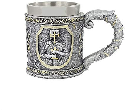 IM Krug Bierkrug Tempelritter Templer Gothic Fantasy Halloween Trinkgefäß Mittelalter Rollenspiel Ritter - Polyresin, Handbemalt, Edelstahl Innenteil, 0,4 Liter, H 12 x B 16 x T 10 cm