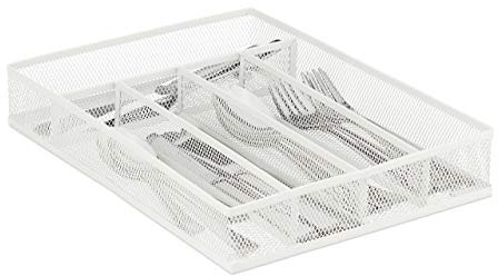 Relaxdays Besteckkasten Metall, Schubladenorganizer für Küchenbesteck, 5 Fächer, Mesh Optik, HBT: 5,5x23,5x32 cm, weiß, 1 Stück