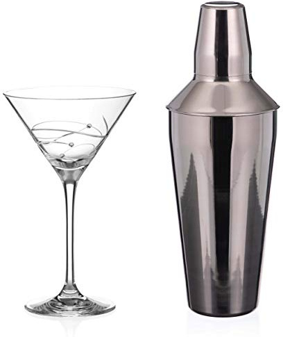DIAMANTE Martini cocktiail Shaker and Glass Set 'Spiral' - Martini Set with one Metal Shaker and 1 'Spiral' Crystal Martini Glass Gift Set