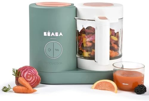 Béaba Babycook Neo – Babynahrungsbereiter – 4 in 1: Küchenmaschine, Mixer und Kocher – weiches Dampfgarer – schnelle hausgemachte Babynahrung – Glasschale – Edelstahlwanne – Eukalyptus