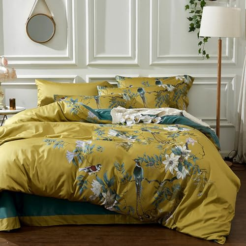 mixinni Floral Duvet Cover Set King Size Bird Floral Soft Cotton Duvet Cover Zipper and Ties for Women Men Ultra Soft Breathable Easy Care King Size