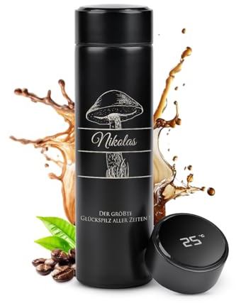 Maverton Thermobecher Kaffeebecher 450 ml - Isolierbecher personalisiert - 100% dicht - Led Temperatur Anzeige - aus Edelstahl - Geschenk für Männer - schwarz - Glückspilz