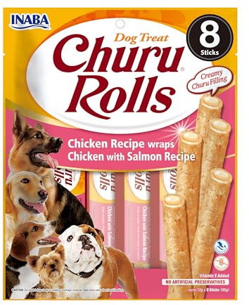 INABA Churu Rolls mit echtem Fleisch, Hundeleckerli ohne Getreide, ohne Zucker, Keine Nebenerzeugnisse, Weiche Leckerlis geeignet für Kleine Hunde und Seniorhunde mit Huhn & Lachs 96 g (1er Pack)