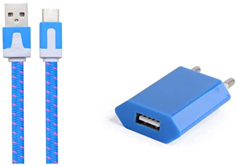 Pack Chargeur pour ZTE Axon 30 Smartphone Type C (Cable Noodle 1m Chargeur + Prise Secteur USB) Murale Android (Bleu)