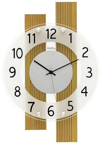 AMS F5874 Funk-Wanduhr, Modernes Design & Präzises Funkwerk, Buche Massivholz & Mineralglas, Maße: 41 x 28 x 5 cm