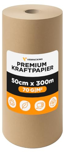 verpacking papel kraft 70 g/m2 en rollo 50 cm x 300 m marrón [tamaño a elegir] papel de embalar para envolver regalos manualidades mudanza y relleno