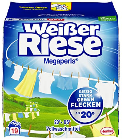 Weißer Riese Universal Megaperls Lessive universelle (19 lavages), la lessive pour linge blanc a un effet extra fort contre les taches à 20 à 95 °C, 100 % plastique recyclable