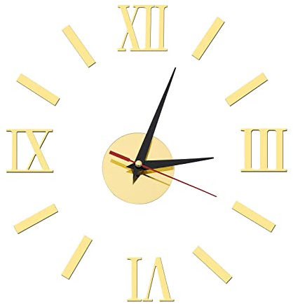 OTOTEC Wanduhr selbstklebend mit römischen Ziffern 3D Rahmenlos Groß Acryl Wanduhr Dekoration für Zuhause Büro Wohnzimmer Schlafzimmer (Gold)