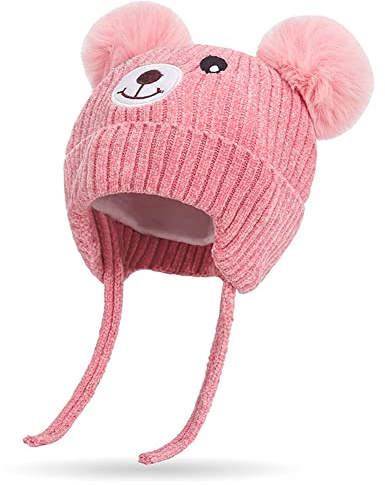 Kleinkind Süß Bär Wintermütze mit Ohrenklappen Baby Mädchen Junge Chenille Strickmütze Kinder Pom Beanie mit Bindebändern Ohrenschützer Hut Baby Verdicken Warme Plüsh Gefüttert Mütze 0-5 Jahre