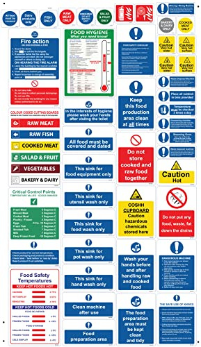 RDLCAR Kitchen Safety Signs & Sticker Pack as Required by Health & Safety Law. Qty 45 of Various Sizes, Laminated Self Adhesive Stickers, Includes Allergen Labels, Coloured Chopping, COSHH Stickers