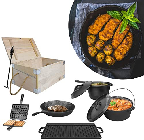 YRHome Dutch Oven Set de 11 pièces dans une boîte en bois avec four à néerlandais avec casserole en bois, casserole à gril, poêle à gaufres