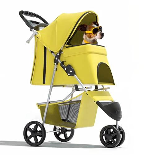 Magshion 3-Wheel Pet Stroller, Foldable Travel Jogger for Small & Medium Dogs & Cats (Up to 33lbs), Lightweight Carrier with Breathable Mesh Cover, Cup Holder & Storage Basket, Yellow