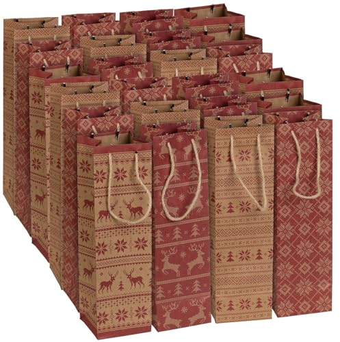 infactory Flaschentasche: 24er-Set weihnachtliche Kraftpapier-Geschenktüten für Weinflaschen (Wein-Geschenktaschen, Flaschentaschen Weihnachten, Beutel)