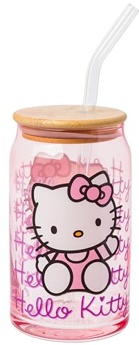 Silver Buffalo Sanrio Hello Kitty Glass Tumbler with Bamboo Lid and Glass Straw, 16 Ounces