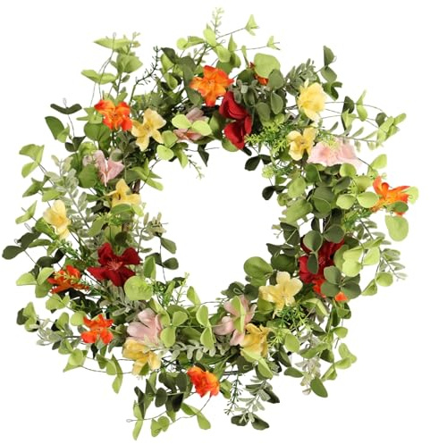 Pudate 22IN Artificial Spring Summer Wreath with Wild Flowers & Silk Daisies Eucalyptus, UV Resistant, Colorful Wreath - for Spring Summer Indoor Outdoor Home Décor