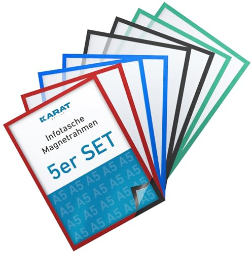 KARAT 5er Set Magnetrahmen DIN A5 Rahmen für Kinderzeichnungen, Dokumentenhalter, Infotasche, magnetische Bilderrahmen für Angebotsschilder, Blatthalter Dokumententasche (Außenmaß 16.7 x 22,6cm, Rot)