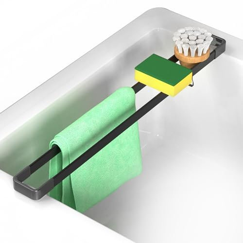 YIGII Spülbecken Organizer, Multifunktionaler Abtropfgitter Spüle Schwammhalter Küche, 43cm Spüllappenhalter Lappenhalter Spülbecken, Spülbecken Waschbecken Organizer Schmal, Hitzebeständig, Schwarz
