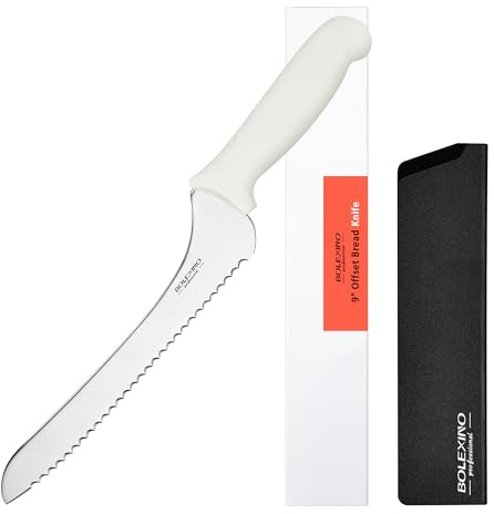 BOLEXINO 9 Inch White Offset Serrated Bread Knife Wavy Edge knife, High Carbon Stainless Steel Multi-Purpose Kitchen Knife for Homemade Bread, Crusty Breads, Cake, Bagel