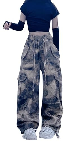 Pantalon Cargo Enfant Fille 4-13 Ans Militaire Pantalon Cargo Baggy Fille Jambe Large Taille Elastique Chic Confortable Pas Cher Sport Casual Vacances Jogging Streetwear (13-14 Ans, Camouflage)
