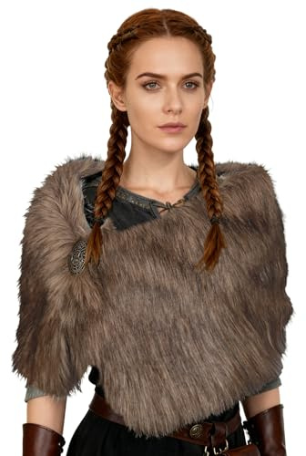 keland Wikinger Fell Schulter Stola Fellumhang Mittelalter Kostüm | Kunstpelz Umhang Damen, Halloween, Barbaren Krieger Pirat Cosplay, LARP, Mittelalterfest, Karneval, Fasching