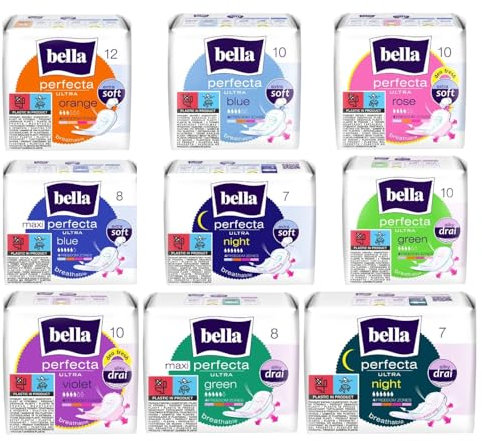 bella Perfecta Ultra Damenbinden Probierpaket - 9 Sorten, Ultra Dünn, Atmungsaktiv, Latexfrei, Damenhygiene, Extra Weich, Testpaket, Monatshygiene, 82 Stück