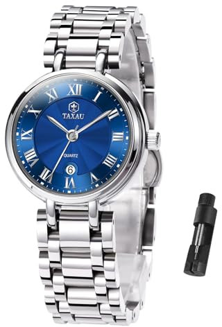 Taxau Damenuhr Silber Wasserdicht Edelstahl Armbanduhr Damen mit Blauem Zifferblatt Elegant Klein Quarzuhr Damenarmbanduhr Klassisch