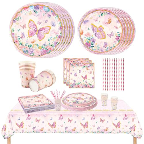 Vaisselle Anniversaire Papillon Kit Fille - Assiettes, Gobelets, Nappes et Paille en Papier (10 Invités)