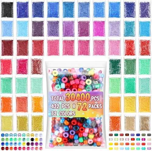 Huquary Pony-Perlen, Großpackung, 72 Farben, 6 x 9 mm, Kandi-Regenbogenfarben, mehrfarbig, Armband, Kunststoff-Haarperlen für Armbänder, Schmuckherstellung, Zöpfe, Basteln, 30400 Stück