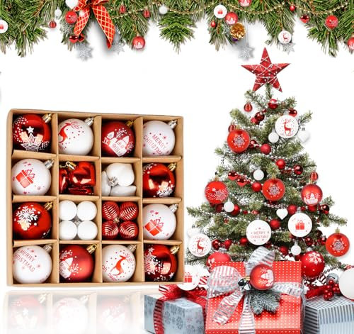 absolove 36 Stück Weihnachtskugeln Weiß + Rot Set, Christbaumkugeln Kunststoff in Vielen Größen 6CM/4CM/3CM, Premium Weihnachtsbaumkugeln Deko mit persönlicher Gravur für die Weihnachtsdekoration