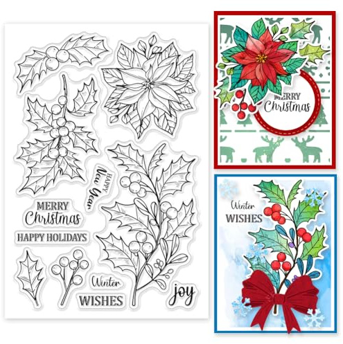 GLOBLELAND Transparente Silikonstempel Mit Stechpalmenmotiv Zum Basteln von Karten Weihnachtsstempel Aus Silikon Transparent Siegel Pimpernel Winterpflanze Dekorative Klare Stempel Für Scrapbooking