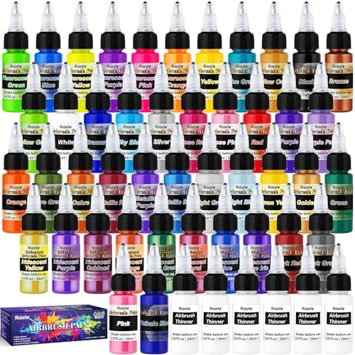 Roizefar Vernice per aerografo, 44 colori con 6 diluenti, colori iridescenti, neon e metallizzati, set di pittura acrilica pronta da spruzzare, kit per pittura ad aerografo a base d'acqua per artisti