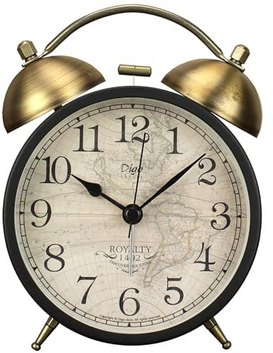Twin Bell Alarm Clock, Retro Analog Alarm Clock Silent Non-Ticking Quartz with Nigh Light, Small Desk Clock for Bedside Table, Battery Operated (Map)