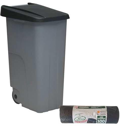 WELL HOME MOBILIARIO & DECORACIÓN Contenedor Cerrado 85L Negro H.76cm + Rollo 10 bolsas de basura 100L