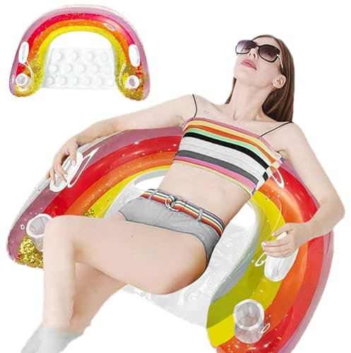 Moreeulsi Regenbogen-Poolschwimmer, aufblasbarer Poolschwimmerstuhl - Aufblasbarer Pool-Sofa-Schwimmer | Aufblasbares Regenbogen-Schwimmfloß-Paillettendesign mit 2 Getränkehaltern und 2 Griffen für