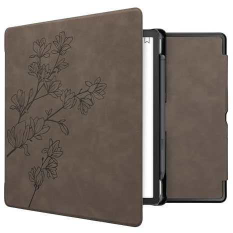 kwmobile Schutzhülle für Amazon Kindle Scribe (2022/2024) Hülle - eReader Case aus Kunstleder mit Auto Sleep Funktion - Magnolien mit Grau