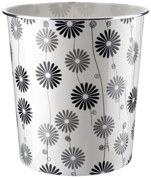 HOMESHOPA Plastic Waste Paper Basket Bin, 7.7 Litre Black & Grey Daisy Floral Retro Round Trash Can, Lightweight Recycling Rubbish Bin for Kitchen, Bedroom, Bathroom, Open-Top Garbage Dustbin
