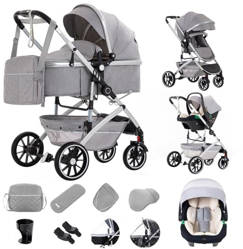 Gcarebb 3 in 1 Kinderwagen, Buggy Mit Auto Babyschale, Mit Einem Klick Zusammenklappbarer Tragbarer Kinderwagen Komplettset, KombiKinderwagen Mit Aluminiumrahmen für Neugeborene 0-4 Jahre
