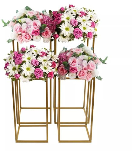 YNAADYH 4PCS Hochzeit Blumenständer Gold Blumenhalter Rechteckige Modern Säulen Vasen Mittelstücke für Tisch, Gold Mittelstücke für Tische, Party, für Blumen