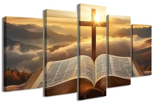 ZXHYWYM 5 Stück christliche Bilder Jesus Bibel und Kreuz Gemälde Sonnenaufgang Landschaft Leinwanddrucke religiöse Schrift Poster Wohnzimmer Büro Dekoration ((55L x 100B cm))
