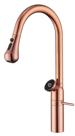 Wasserhahn Küche mit Brause Ausziehbar, 3 Strahlarten Küchenarmatur Herausziehbarer mit LED Temperaturanzeige, 360° Schwenkbar Mischbatterie Küche Armatur (Roségold)