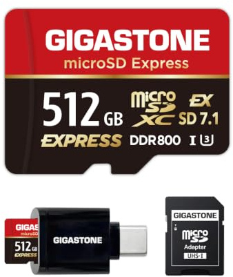 【Für Switch 2 entwickelt】 GIGASTONE 512GB microSD Express Speicherkarte SDXC, bis zu 880/650MB/s, SD UHS-I UHS-II, Kameras, V30 U3, mit SD-Adapter & USB-C Kartenleser 【5 Jahre Datenrettung】