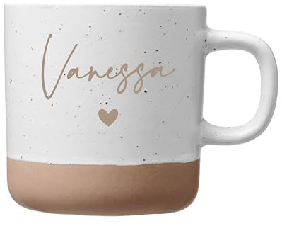 Personalisierte Keramiktasse mit Namen & Herz Design – Speckled Tasse Weiß Beige mit Namensgravur – Individuelle Kaffeetasse Geschenk für Frauen, Mama, Freundin – Geburtstag, Weihnachten, Muttertag