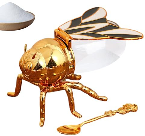 Tarro de miel de abeja – Olla decorativa de vidrio con cuchara de madera | Bonito dispensador de en forma de abeja, recipiente de condimentos, accesorio de comedor de cocina para desayuno