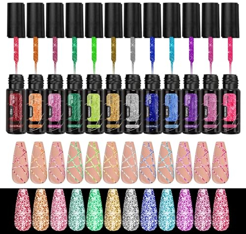 Glitter Gelnagellack Set Reflekterande långvarigt soak off manikyrlinerkit | 12 Färger Nagel Design Nagellack För Glitter Nagel Kvinnor Hemma Fest Helg Sommar Manikyr Liner Kit