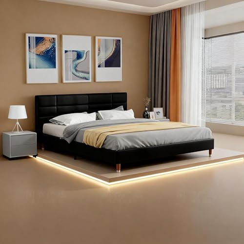 Completo letto matrimoniale per adulti e ragazzi, 140 x 200 cm, letto imbottito in lino nero, con materasso a molle, rete a doghe e testiera imbottita