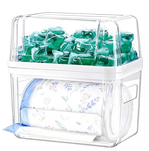 ALLILUYAA Contenedor Detergente Polvo para Lavandería y Baño 3 en 1 para Cápsulas y Hojas de Detergente y Bolsas de Basura, Caja con Tapa Dispensador Hermética Plástico Reutilizable - Transparente
